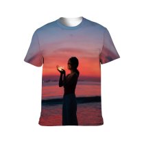 yanfind Adult Full Print T-shirts (men And Women) Beach Blurred Cheerful Colorful Dusk Enjoy Evening Excited Female Freedom Glad