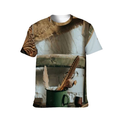 yanfind Adult Full Print T-shirts (men And Women) Stack Books Desk Feather Iron Ladder Metal Retro Rough Rusty Stationery