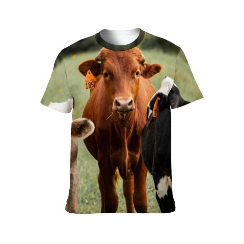 yanfind Adult Full Print T-shirts (men And Women) Field Agriculture Grass Milk Rural Calf Farmland Pasture Cattle Curiosity Pastoral