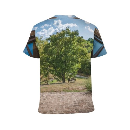 yanfind Adult Full Print T-shirts (men And Women) Architecture Cobblestone Country Daylight Door Empty Glass Items Light Tree