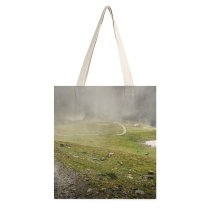 yanfind Great Martin Canvas Tote Bag Double Field Grassland Outdoors Road Ground Mound Cattle Cow Birds Fog Slope white-style1 38×41cm
