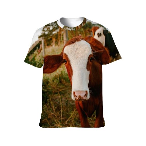 yanfind Adult Full Print T-shirts (men And Women) Agriculture Farming Portrait Bovine Cow Grass Calf Cattle Countryside Farm Farmland Field