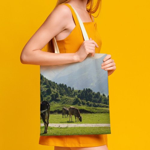 yanfind Great Martin Canvas Tote Bag Double Field Grassland Outdoors Cow Countryside Farm Rural Kyrgyzstan Pasture Meadow Grazing Ranch white-style1 38×41cm