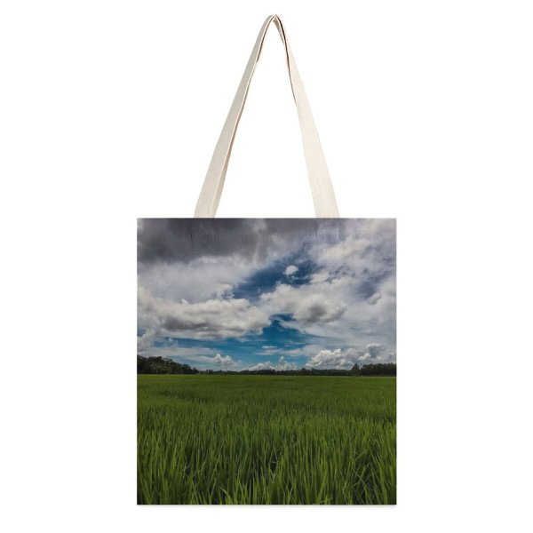 yanfind Great Martin Canvas Tote Bag Double Field Grassland Outdoors Countryside Paddy Sky Azure #Morning #Farm #Rice white-style1 38×41cm