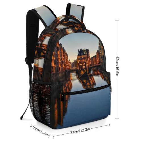 yanfind Children's Backpack Evening River Architecture Buildings Lights Canal Reflection Hamburg Houses Preschool Nursery Travel Bag