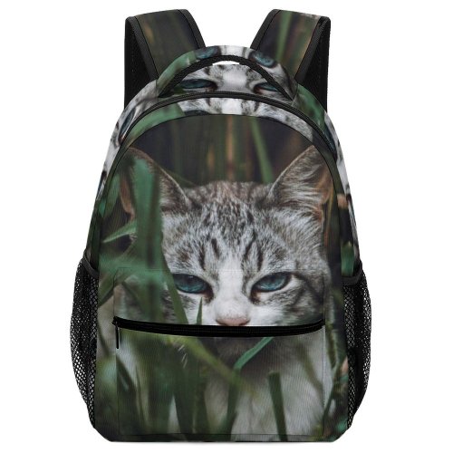 yanfind Children's Backpack Grass Grey Pet Whiskers Tabby Portrait Cute Staring Leaves Cat Pretty Fur Preschool Nursery Travel Bag