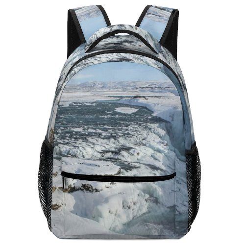 yanfind Children's Backpack Landscape River Creative Iceland Gullfoss Pictures Outdoors Grey Snow Waterfall Preschool Nursery Travel Bag