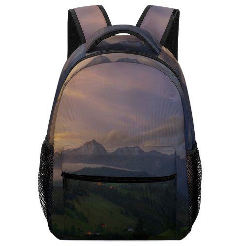 yanfind Children's Backpack Grass Dawn Landscape Mountains Fog Outdoors Trees Lights Houses Mist Clouds Range Preschool Nursery Travel Bag