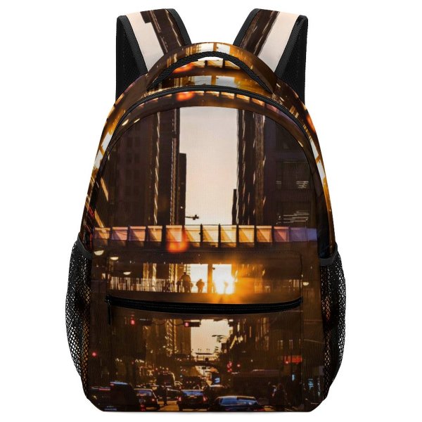 yanfind Children's Backpack  Golden Tall Street City Dark Footbridge Illuminated Downtown Sunset Traffic Evening Preschool Nursery Travel Bag