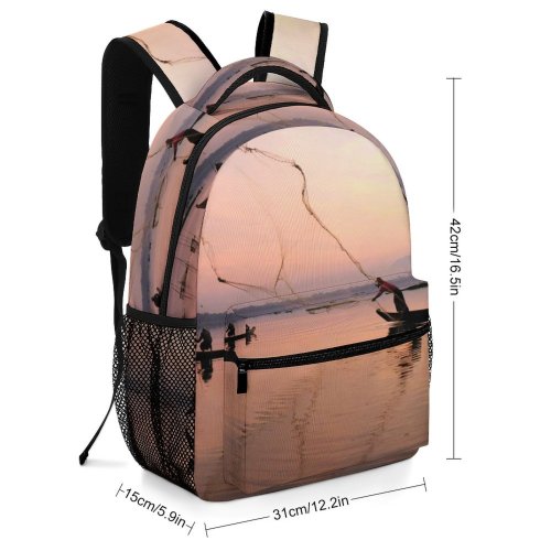 yanfind Children's Backpack Fishermen Sunset Landscape Evening Watercrafts Sunrise Myanmar Boat River Silhouetted Fishing Preschool Nursery Travel Bag