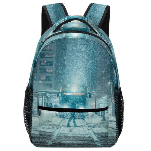 yanfind Children's Backpack  Winter Street Beautiful City Dark Railroad Tourism Lights Landscape Blizzard December Preschool Nursery Travel Bag