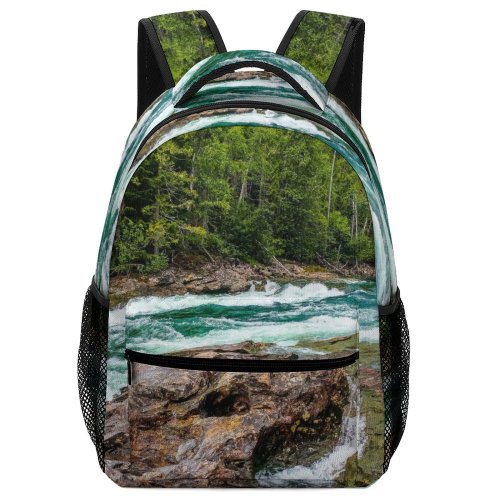 yanfind Children's Backpack Flowing Forest Rocky Mother Landscape Pine Rapids Riverside Riverbank River Outdoors Preschool Nursery Travel Bag