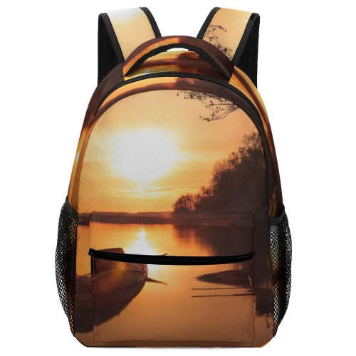 yanfind Children's Backpack Golden Silhouettes Scenery Clouds Sunset Landscape Boat Silhouetted Scenic Hour Lake Preschool Nursery Travel Bag
