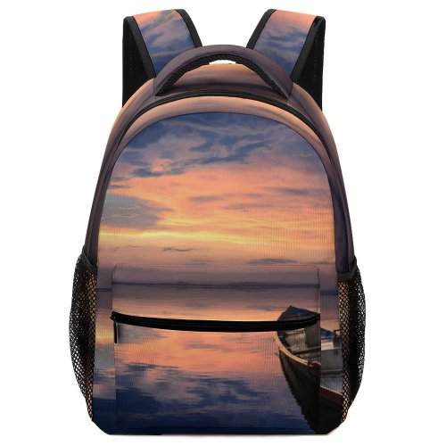 yanfind Children's Backpack Horizon Boat Wooden Outdoors Dawn Quiet Scenic Sky Placid Rowboat Golden Calm Preschool Nursery Travel Bag