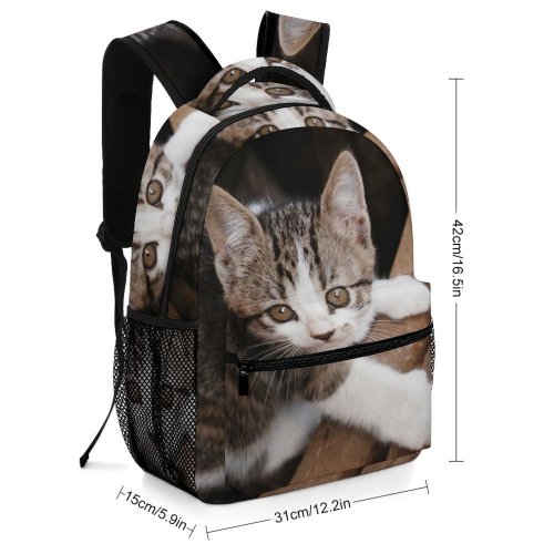 yanfind Children's Backpack Young Stripe Funny Kitten Wood Portrait Curiosity Cute Little Sit Cat Preschool Nursery Travel Bag