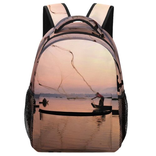 yanfind Children's Backpack Fishermen Sunset Landscape Evening Watercrafts Sunrise Myanmar Boat River Silhouetted Fishing Preschool Nursery Travel Bag