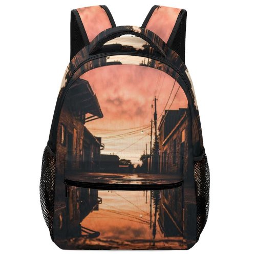 yanfind Children's Backpack Golden Street Dark Afterglow Mirror Clouds Nobody Sunset Empty Buildings Sunrise Puddle Preschool Nursery Travel Bag