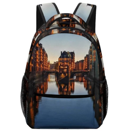 yanfind Children's Backpack Evening River Architecture Buildings Lights Canal Reflection Hamburg Houses Preschool Nursery Travel Bag