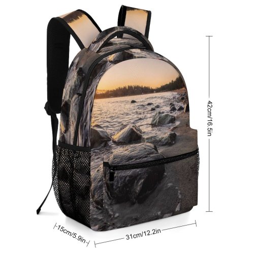 yanfind Children's Backpack Bay Tree Golden Coast Sand  Rocky Boulders Columbia Sunlight Sunset Landscape Preschool Nursery Travel Bag