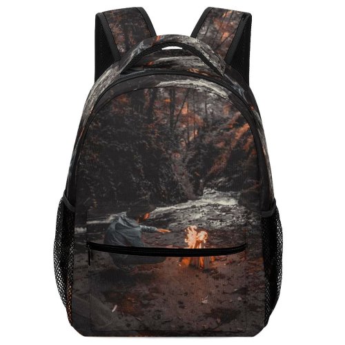 yanfind Children's Backpack Forest Season Scenery Autumn Fire Maple Burning Bonfire River Outdoors Fall Leaves Preschool Nursery Travel Bag