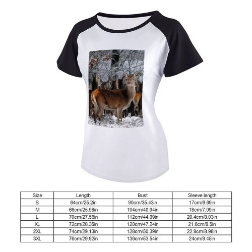 yanfind Women's Sleeve Raglan T Shirt Short Countryside Deers Forest Fur Outdoors Deer Roe Season Snow Trees