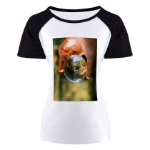 yanfind Women's Sleeve Raglan T Shirt Short Ball Shaped Daylight Environmental Glass Outdoors Reflections River Rocks Trees