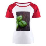 yanfind Women's Sleeve Raglan T Shirt Short Basil Herb Ingredient Leaf Natural Raw Rustic Spice Wooden