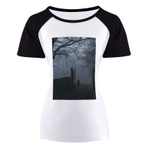 yanfind Women's Sleeve Raglan T Shirt Short Branches Eerie Fog Foggy Gate Landscape Mist Outdoors Park Road Scenic
