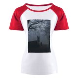 yanfind Women's Sleeve Raglan T Shirt Short Branches Eerie Fog Foggy Gate Landscape Mist Outdoors Park Road Scenic