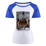 yanfind Women's Sleeve Raglan T Shirt Short Countryside Deers Forest Fur Outdoors Deer Roe Season Snow Trees