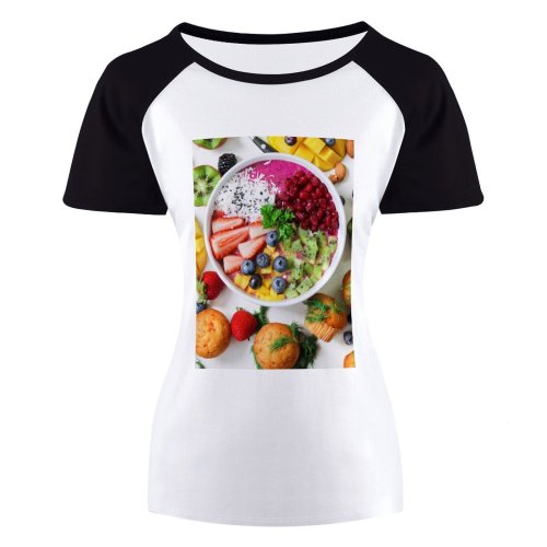 yanfind Women's Sleeve Raglan T Shirt Short Berries Blueberries Bread Cherries Colorful Creative Delicious Eating Healthy Preparation Freshness