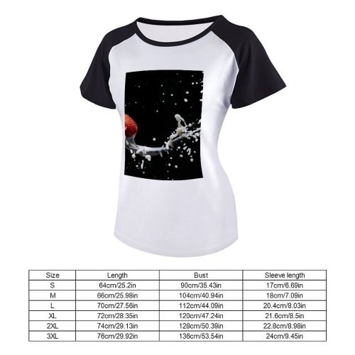 yanfind Women's Sleeve Raglan T Shirt Short Berry Drop Droplets Drops Fruit Milk Spoon Strawberry