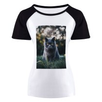 yanfind Women's Sleeve Raglan T Shirt Short Adorable British Shorthair Cat Cute Kitten Kitty Pet Whiskers