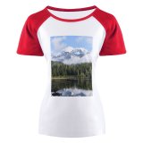 yanfind Women's Sleeve Raglan T Shirt Short Calm Waters Clouds Conifers Fir Trees Forest Idyllic Lake Landscape Mist
