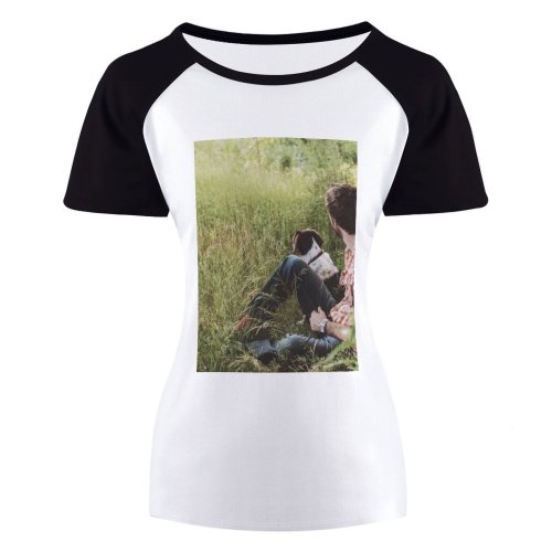yanfind Women's Sleeve Raglan T Shirt Short Countryside Dog Family Farm Field Grass Guy Happiness Hayfield Jeans Landscape Leisure
