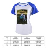 yanfind Women's Sleeve Raglan T Shirt Short Ball Daytime Dog Field Fur Grass Mouth Outdoors Outside Pet Playing Soccer
