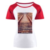 yanfind Women's Sleeve Raglan T Shirt Short Focus Guidance Iron Railway Train Tracks Transportation System Wood