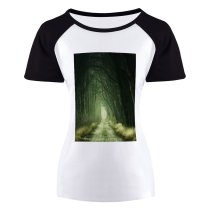 yanfind Women's Sleeve Raglan T Shirt Short Dark Daylight Eerie Fall Fantasy Fog Landscape Leaf Light Mist Mystery Outdoors