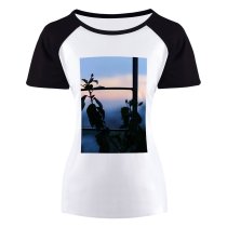 yanfind Women's Sleeve Raglan T Shirt Short Fence Flower Buds Landscape Leaves Outdoors Plants Silhouettes Sky Sunset