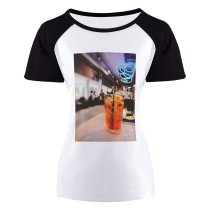 yanfind Women's Sleeve Raglan T Shirt Short Beverage Cocktail Fruit Glass Juice Liquid Refreshment Straw Tropical