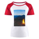 yanfind Women's Sleeve Raglan T Shirt Short Bonfire Camp Camping Dawn Evening Fire Flame Forest Hike Landscape Light
