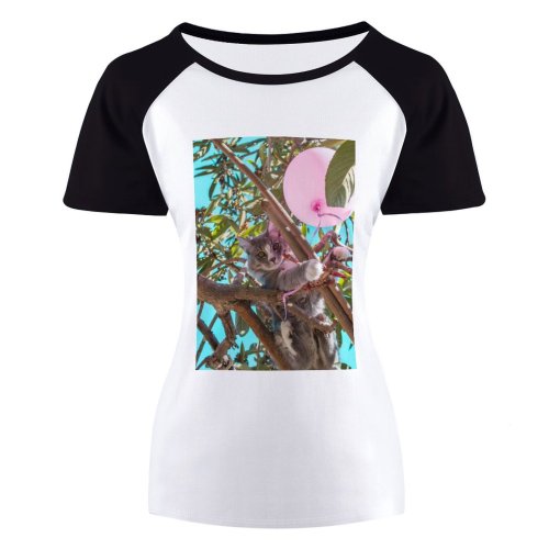 yanfind Women's Sleeve Raglan T Shirt Short Balloon Branch Cat Cute Garden Kitty Little Shot Outdoors Paws Summer Tabby