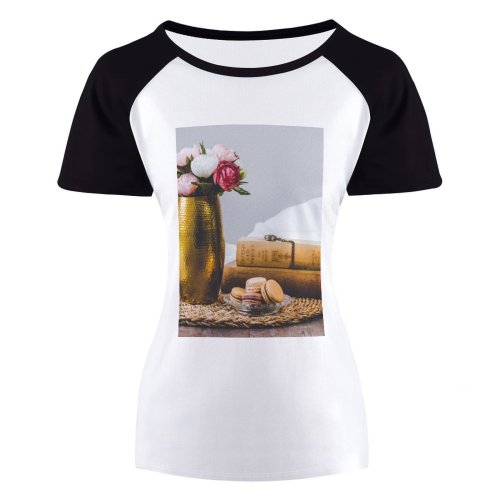 yanfind Women's Sleeve Raglan T Shirt Short Assorted Biscuits Bloom Blooming Books Container Cookies Decoration Flora Flowers Glass Golden