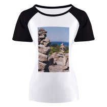 yanfind Women's Sleeve Raglan T Shirt Short Ancient Balance Beach Boulder Daylight Horizon Landscape Ocean Outdoors Rock Balancing Rocks