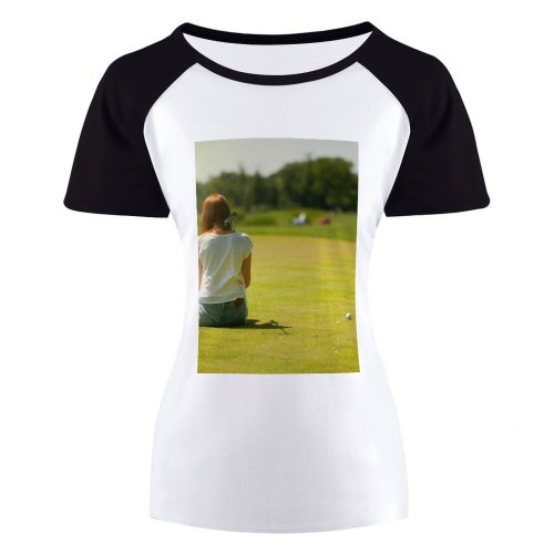 yanfind Women's Sleeve Raglan T Shirt Short Balls Depth Field Female Focus Girl Club Course Golfer Grass