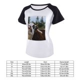 yanfind Women's Sleeve Raglan T Shirt Short Cattle Countryside Cow Cute Farm Grass Outdoors Pasture Rural Trees
