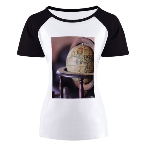 yanfind Women's Sleeve Raglan T Shirt Short Ancient Design Focus Globe Instrument Round Travel Vintage Wood Wooden