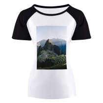 Women's Sleeve Raglan T-Shirt Short 4k Cool Desktop Daylight Fog Grass Header Hike Hill Landscape Machu Picchu