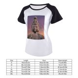 yanfind Women's Sleeve Raglan T Shirt Short Ancient Art Buddhism Monument Religion Sacred Sculpture Spiritual Spirituality Statue Sunset Worship