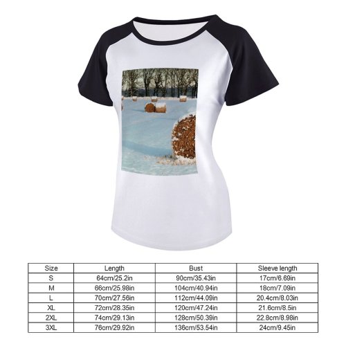 yanfind Women's Sleeve Raglan T Shirt Short Countryside Farm Field Freezing Frost Frosty Frozen Hay Bales Landscape